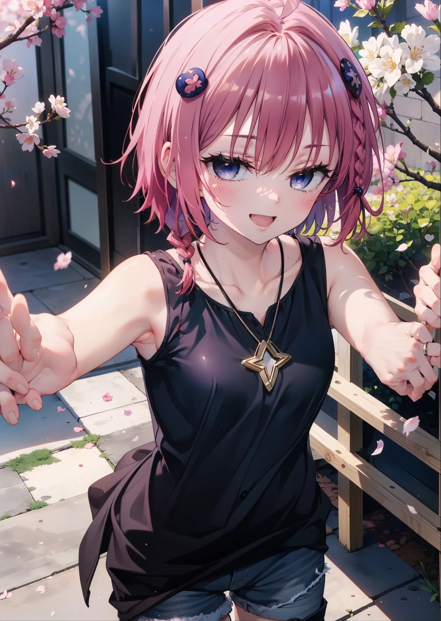 (masterpiece, highest quality:1.2),shape,8k,hd,kurosaki mea,Cowboy Shot,So that the whole body goes into the illustration,1 girl,happy smile, smile, Open your mouth,red hair long hair,Long braids all over the body,Upper Body,(Portraiture:1.2),hair ornaments,smile,Purple eyes,Medium chest,Black sleeveless dress,Bare arms,,Star-shaped necklace,Short denim pants,White pantyhose,short boots,garden,Cherry blossoms are blooming,Cherry blossoms are scattered,Cherry blossom tree-lined path,Clear skies,Daytime, (Cowboy Shot:1. 5),(masterpiece:1.2), highest quality, High resolution, unity 8k wallpaper, (shape:0.8), (Beautiful and detailed:1.6), Highly detailed face, Perfect lighting, Highly detailed CG, (Perfect hands, Perfect Anatomy),