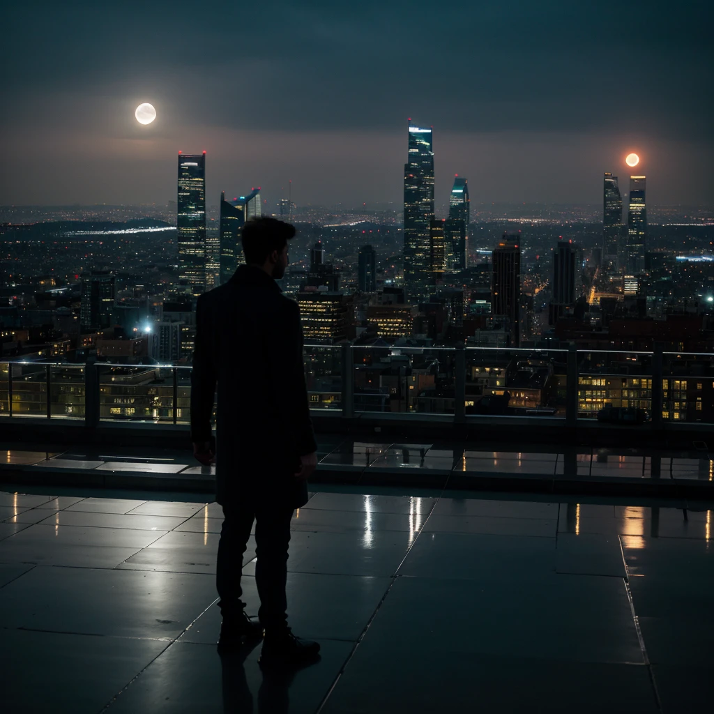 Person Standing on the Rooftop,urban scenery,nighttime scene,bricks,concrete,modern architecture,city lights,hazy atmosphere,(best quality, 4k, 8k, highres, masterpiece:1.2),ultra-detailed,realistic,photorealistic:1.37,high-rise buildings,tall skyscrapers,distant horizon,glowing moon,star-filled sky,circular shape windows,shadows,lonely figure,silhouette,windy,blowing hair,elevation,rooftop edge,reflection,mysterious vibes,serene,quiet,serendipitous moment,peaceful solitude,distant sounds of the city.