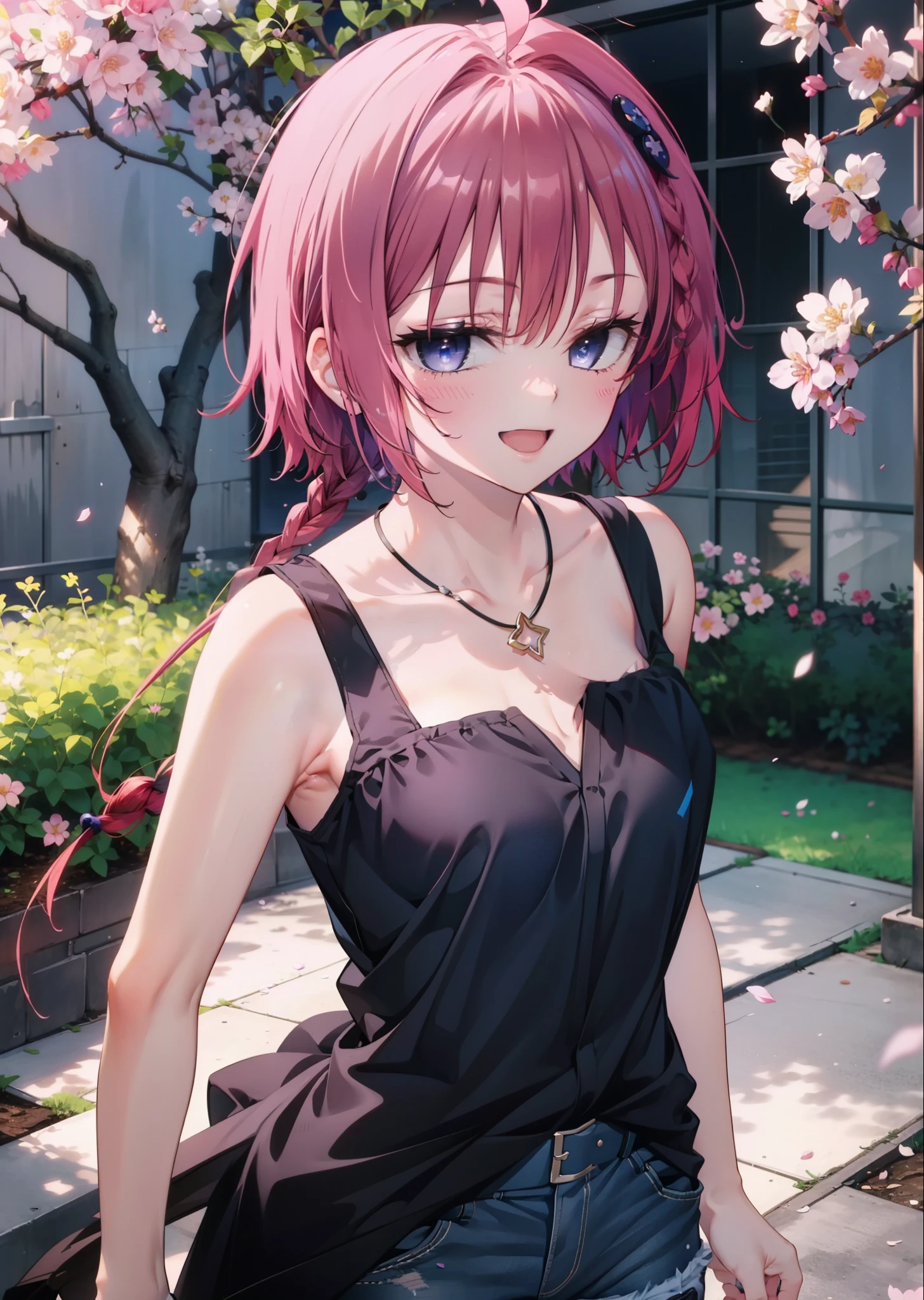 (masterpiece, highest quality:1.2),shape,8k,hd,kurosaki mea,Cowboy Shot,So that the whole body goes into the illustration,1 girl,happy smile, smile, Open your mouth,red hair long hair,Long braids all over the body,Upper Body,(Portraiture:1.2),hair ornaments,smile,Purple eyes,Medium chest,Black sleeveless dress,Bare arms,,Star-shaped necklace,Short denim pants,White pantyhose,short boots,garden,Cherry blossoms are blooming,Cherry blossoms are scattered,Cherry blossom tree-lined path,Clear skies,Daytime, (Cowboy Shot:1. 5),(masterpiece:1.2), highest quality, High resolution, unity 8k wallpaper, (shape:0.8), (Beautiful and detailed:1.6), Highly detailed face, Perfect lighting, Highly detailed CG, (Perfect hands, Perfect Anatomy),