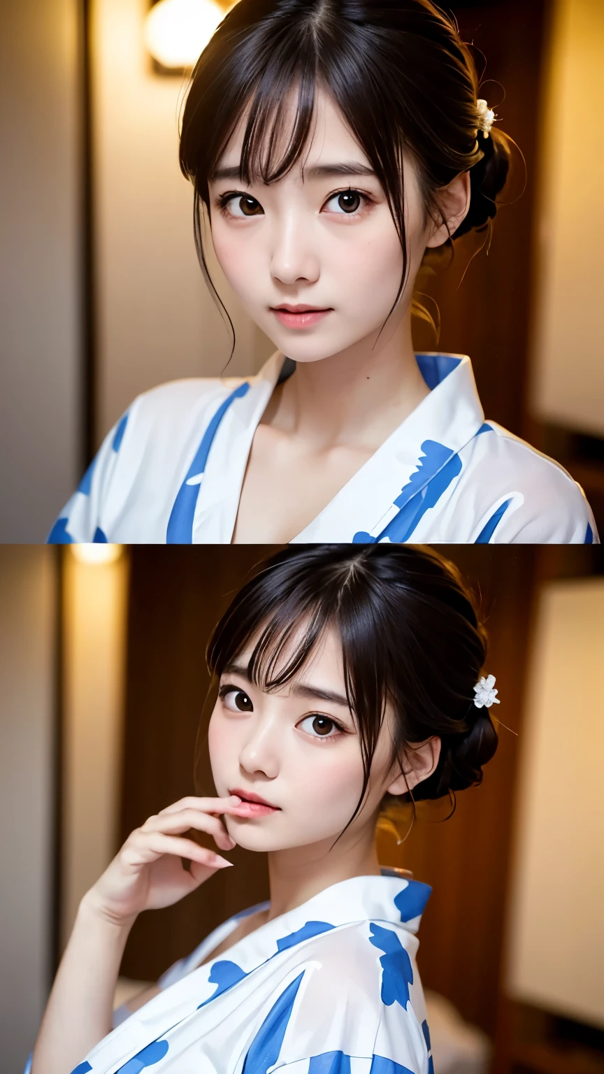 japanese woman, high school student girl, 17-years-old, anatomically correct, perfect anatomy, very cute, beautiful, (yukata, Open yukata:1.2), ((embarrassed:1.3)), blush、(bedroom:1.1), (highest quality:1.3)、Best Lighting、high resolution、(8K, High resolution:1.2), (photograph, photorealistic:1.2)、Face is in focus、(Focused, symmetrical pupils:1.2)、Beautiful Skin、Natural Makeup、gross lip, High-definition hair texture, (looking at viewer:1.2), (half updo:1.3), (multiple angles:1.2), (small breast, cleavage:1.1), (put hand on one’s breast), Thin legs