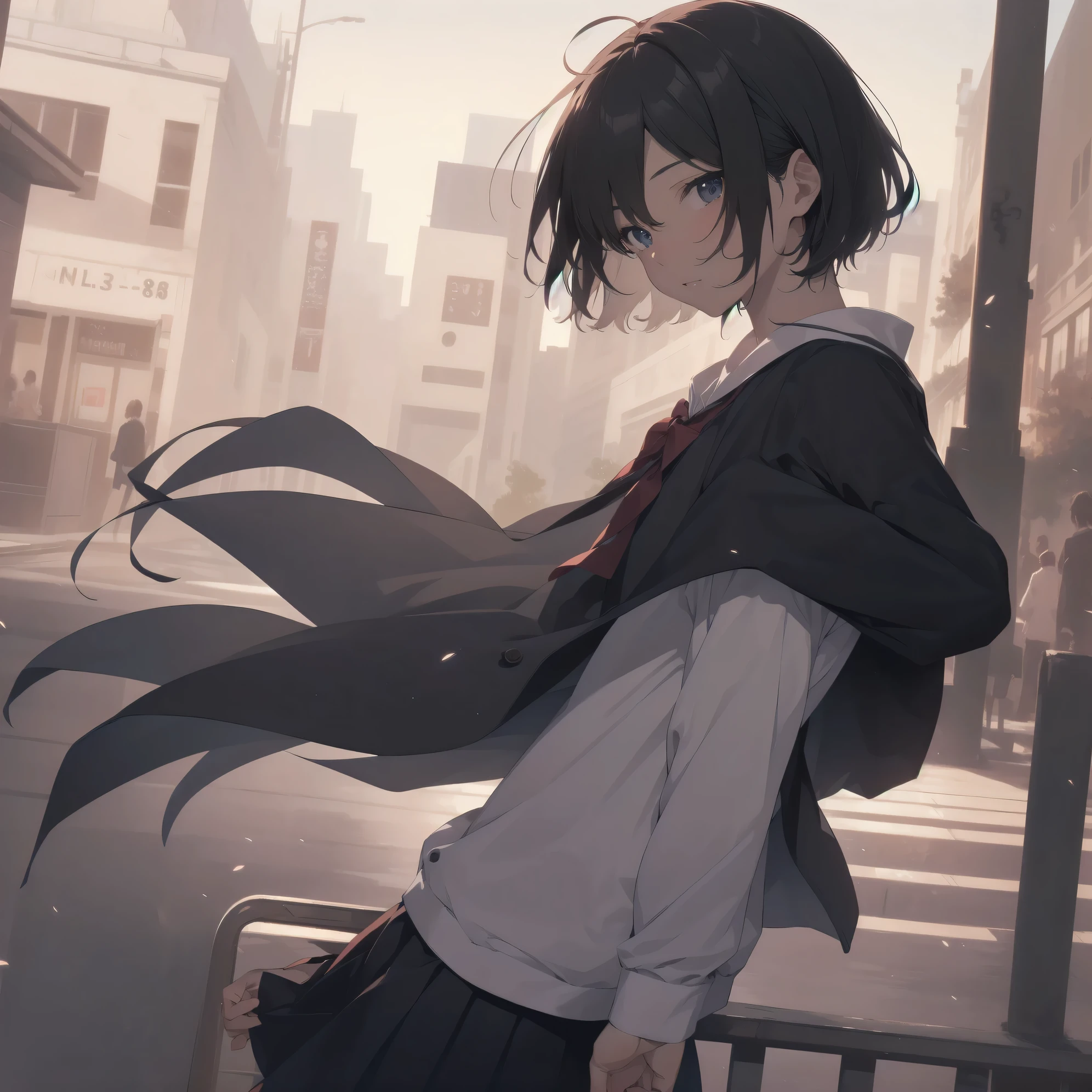 ultra-absurdres-Top quality by artist God, ultra-detailed, high resolution, anime moe artstyle, best anime 8k konachan wallpaper, pixiv contest winner,pool:2810, perfect anatomy,break, 1girl, (Please draw a girl walking sleepily to school alone. )break,(Solo,little female, -yeld:1.Full limbs, complete fingers,a junior hishort hair), short cut, flat chest, , small butt, small black eyes, beautiful detailed eyes, well-proportioned iris and pupils, expressive eyes, highres detailed hair, soft expression, school_uniform, official_alternate_costume, pleated skirt,(Detailed Lighting), (Detailed background), in the School commute route. break,super detailed skin, Best cinematic lighting powered by famous artist, 8k,beauty illustration,photoshop_(medium),very aesthetic,break,((artist:bow_(bhp) )), artist:akinashi yuu ,artist:oyari ashito ,artist:kantoku ,