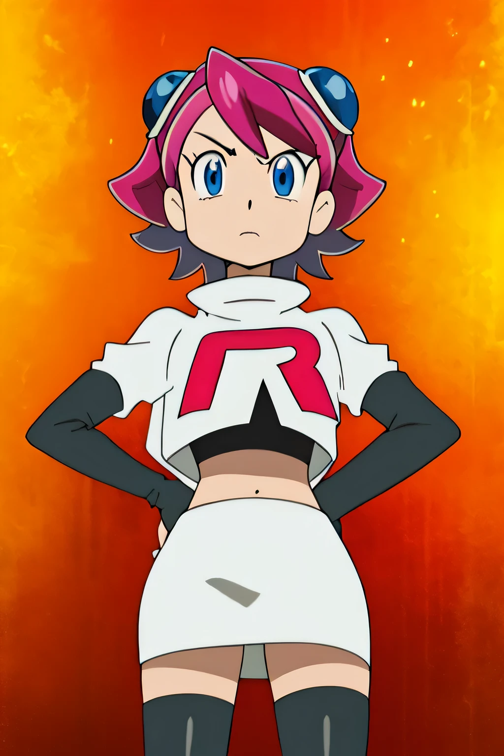 masterpiece,best quality,high res,high quality,8k, masterpiece,highres, team rocket uniform, red letter r, white skirt,white crop top,black thigh-high boots, black elbow gloves, glaring angrily, looking down at viewer, hands on hips, cowboy shot, zettai ryouiki,spread legs,from below, black panties,anime style, vivid colors, sharp focus, intense lighting,Yuzu Hiiragi,pink hair, blue eyes,hair ornaments, twintails