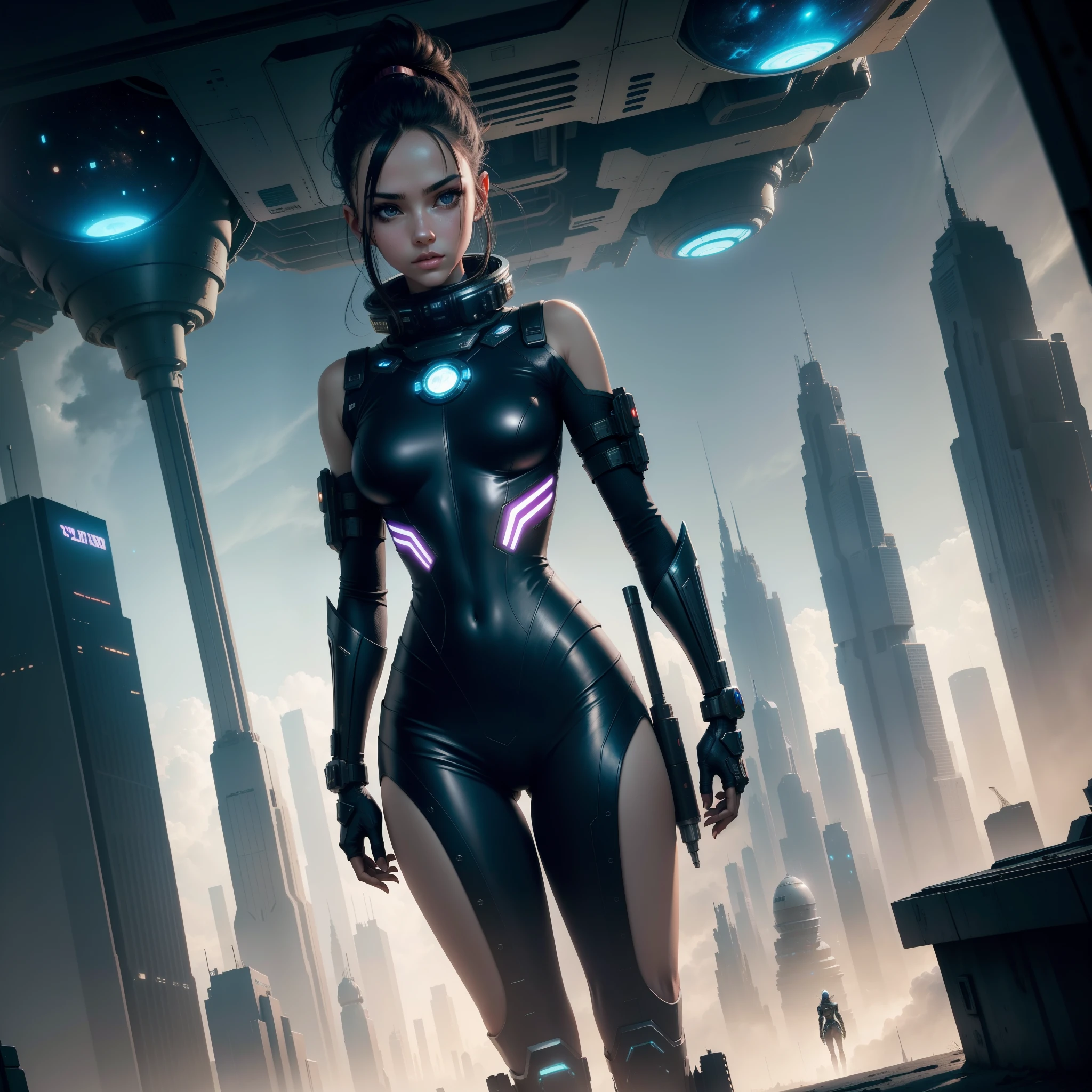 Space City Futuristic City Cyberpunk Sci-Fi World Fantasy Top Quality,and beautiful slender young girls,all very ,