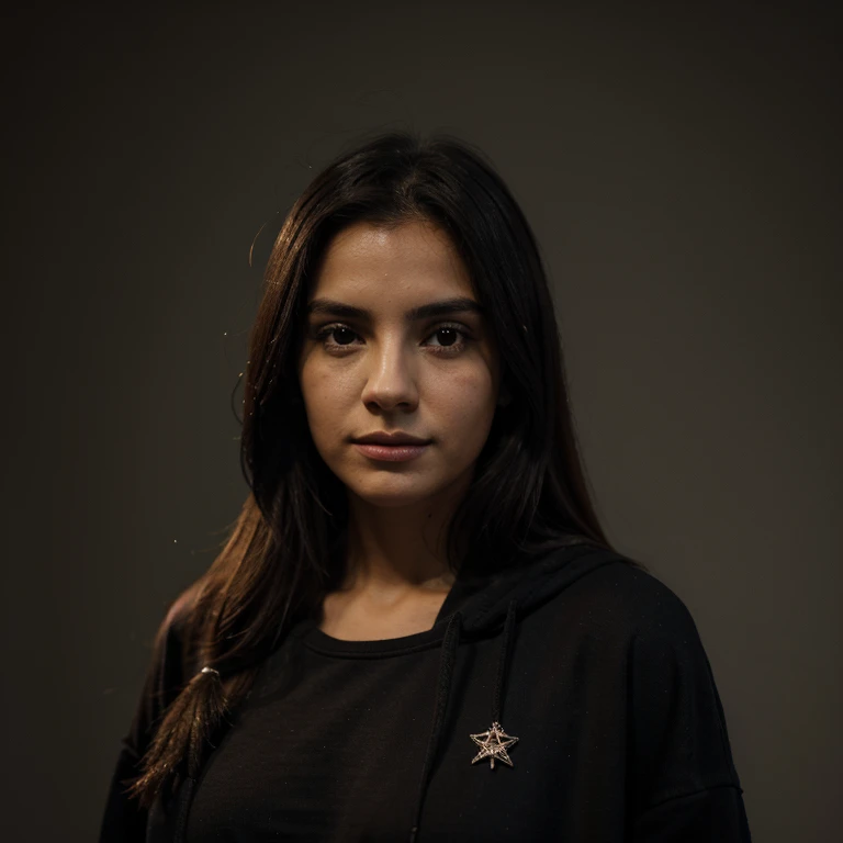 Realista, mujer, veintitantos, pelinegra, pechos, sudadera, oscuro