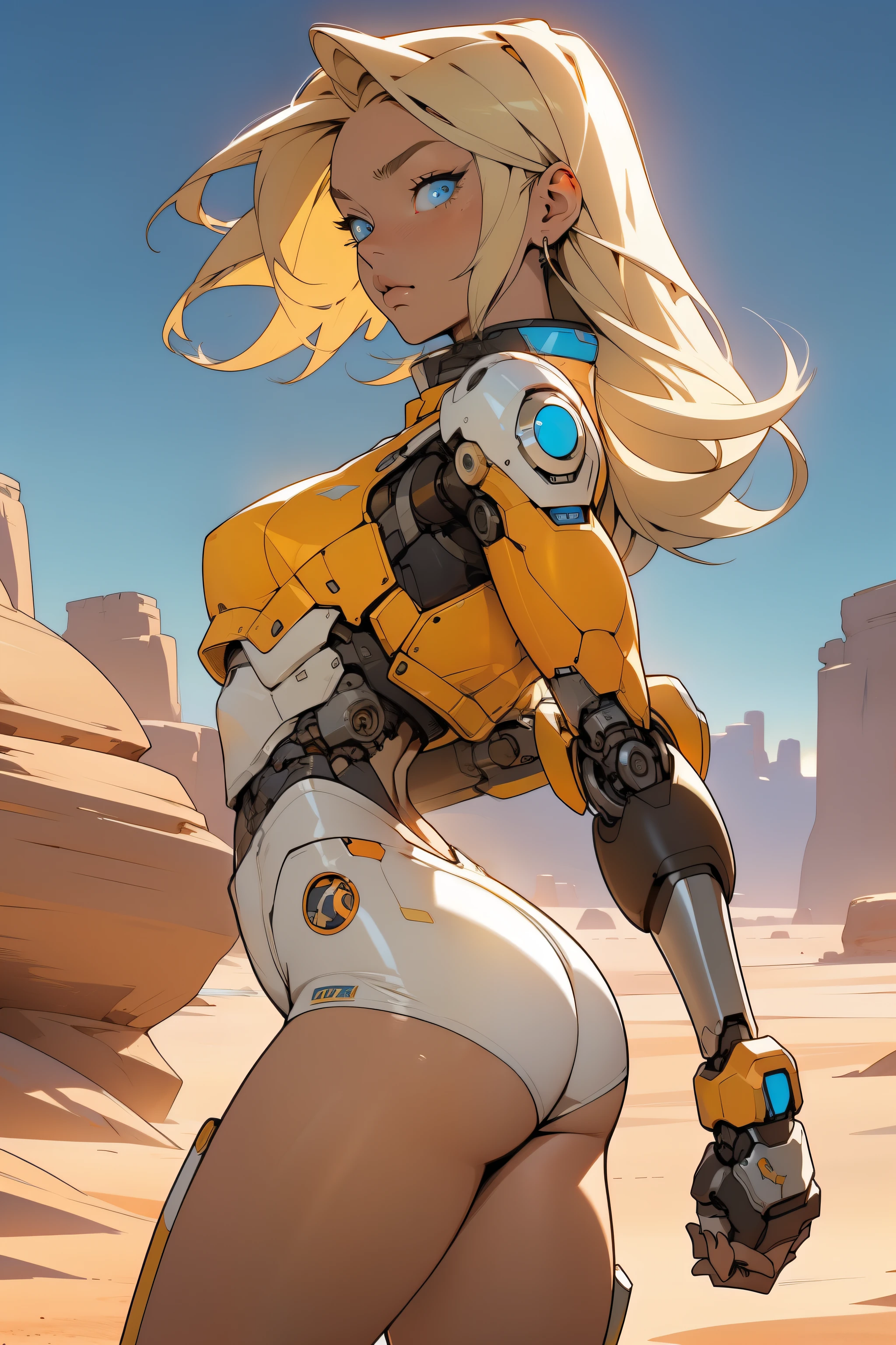 high quality, 4k, masterpiece, beautiful, cyborg girl, cowboy shot, blue eyes, back side, turning around to look at viewer, long blonde hair, girl, small breasts, fit thighs, robotic arms, robotic body, cyborg body, white & yellow uniform, orange accent, intricate detail, joint, detailed lines, robotic detail, holding fist up, holding hand up as fist, color robotic parts, robotic parts with color, perfect fingers, on a desert planet, sunny background, colorful desert, a river or a lake in the background, slender thighs, skinny thighs,