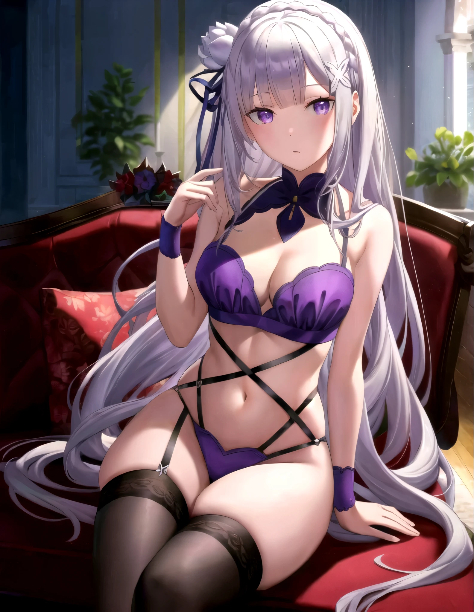 (masterpiece:1.3), (absurdres:1.3), (best quality:1.3), (ultra-detailed:1.3),(best shadow:0.7), (handled hair), perfect anatomy, 1girl, solo, noa, noa-outfit, halo, Emilia re:zero, purple eyes, Emilia, crown braid, x hair ornament, flower hair ornament, white hair, long hair, medium breasts, very long hair, sleeveless, bondage_outfit, dominatrix,