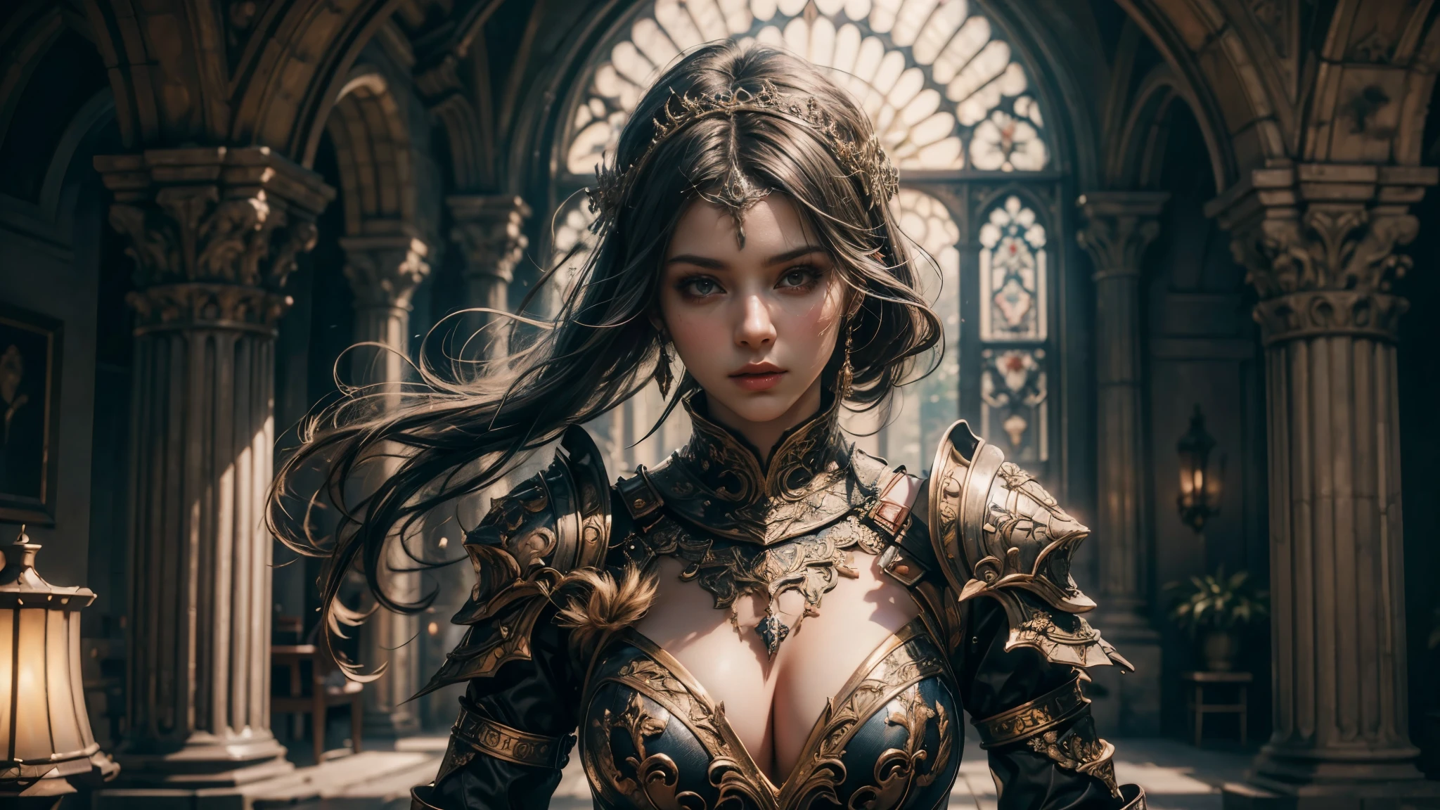 (masterpiece, best quality, 8K, Sharp focus, Depth of Field, Best shadow, Perfect lighting, High Dynamic Range, Realistic皮肤纹理, Ultra detailed background),A girl, very pretty girl,ornate armor, elegant posture, Very detailed,Large Breasts, deadly face, Sharp focus, The background is the old castle, Concept Art, Very detailed, Realistic, Octane Rendering, Unreal Engine, Depth of Field, pentagonal bokeh
