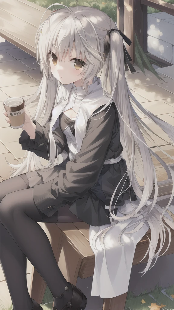 ((masterpiece:1.4, best quality)) ,Kasugano Sora,1 cool girl,Brown eyes,Plush Toys,Stuffed Animals,stuffed bunny,,Happy,eternity，Black knee-high socks Jane Shoes，Black jacket with white T-shirt，White scarf，autumn，Sit on a park bench，drinking milktea，Maple leaves falling