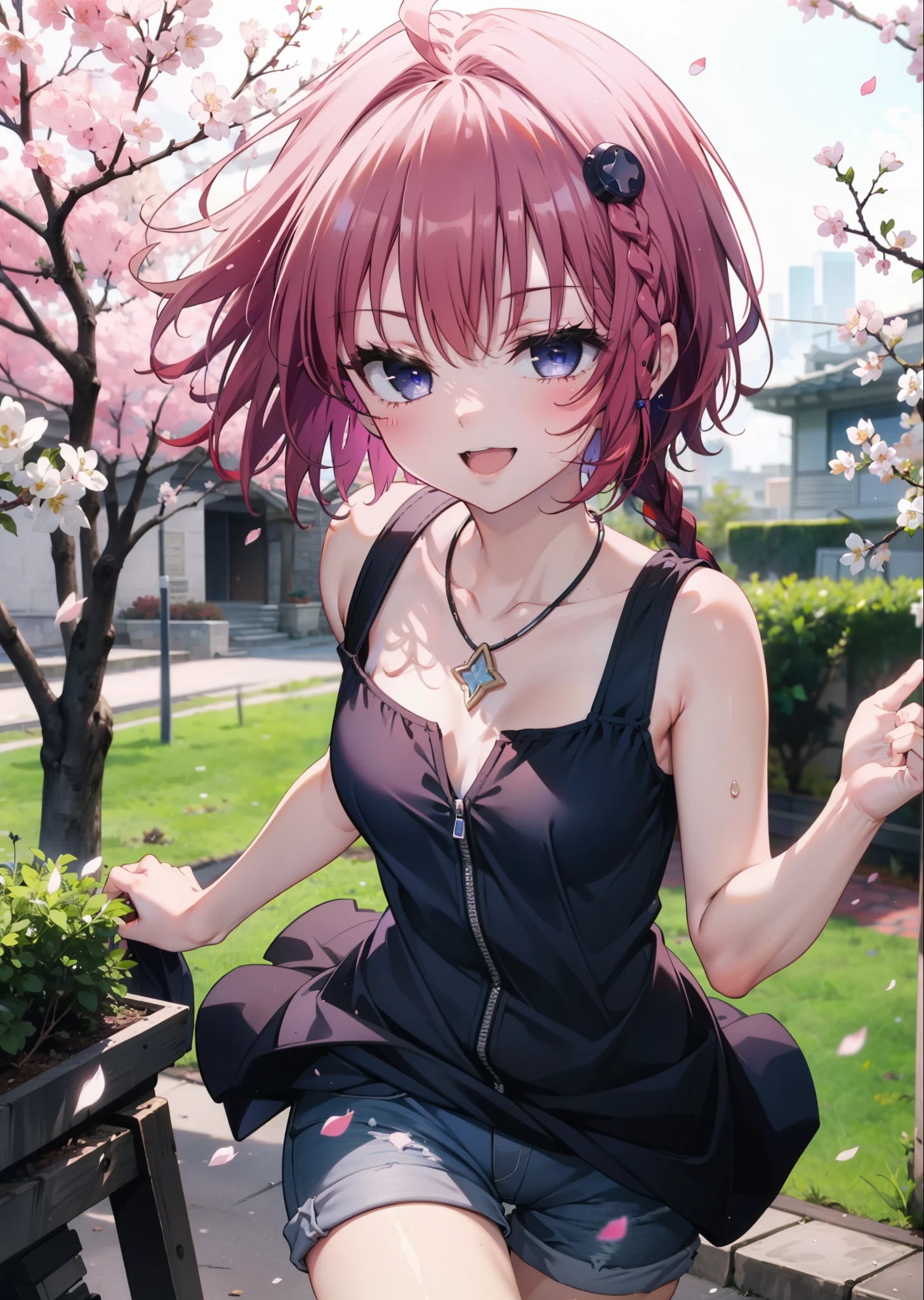 (masterpiece, highest quality:1.2),shape,8k,hd,kurosaki mea,Cowboy Shot,So that the whole body goes into the illustration,1 girl,happy smile, smile, Open your mouth,red hair long hair,Long braids all over the body,Upper Body,(Portraiture:1.2),hair ornaments,smile,Purple eyes,Medium chest,Black sleeveless dress,Bare arms,,Star-shaped necklace,Short denim pants,White pantyhose,short boots,garden,Cherry blossoms are blooming,Cherry blossoms are scattered,Cherry blossom tree-lined path,Clear skies,Daytime, (Cowboy Shot:1. 5),(masterpiece:1.2), highest quality, High resolution, unity 8k wallpaper, (shape:0.8), (Beautiful and detailed:1.6), Highly detailed face, Perfect lighting, Highly detailed CG, (Perfect hands, Perfect Anatomy),
