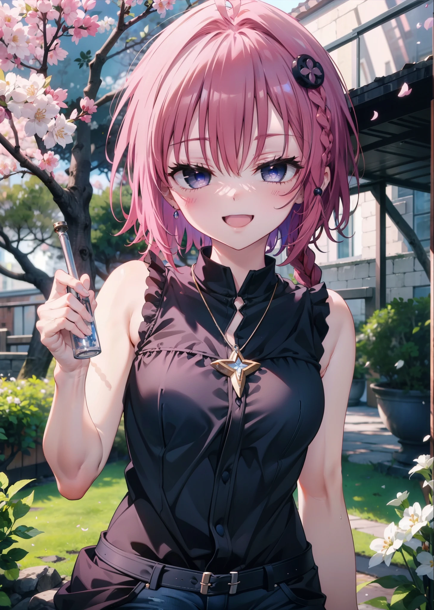 (masterpiece, highest quality:1.2),shape,8k,hd,kurosaki mea,Cowboy Shot,So that the whole body goes into the illustration,1 girl,happy smile, smile, Open your mouth,red hair long hair,Long braids all over the body,Upper Body,(Portraiture:1.2),hair ornaments,smile,Purple eyes,Medium chest,Black sleeveless dress,Bare arms,,Star-shaped necklace,Short denim pants,White pantyhose,short boots,garden,Cherry blossoms are blooming,Cherry blossoms are scattered,Cherry blossom tree-lined path,Clear skies,Daytime, (Cowboy Shot:1. 5),(masterpiece:1.2), highest quality, High resolution, unity 8k wallpaper, (shape:0.8), (Beautiful and detailed:1.6), Highly detailed face, Perfect lighting, Highly detailed CG, (Perfect hands, Perfect Anatomy),