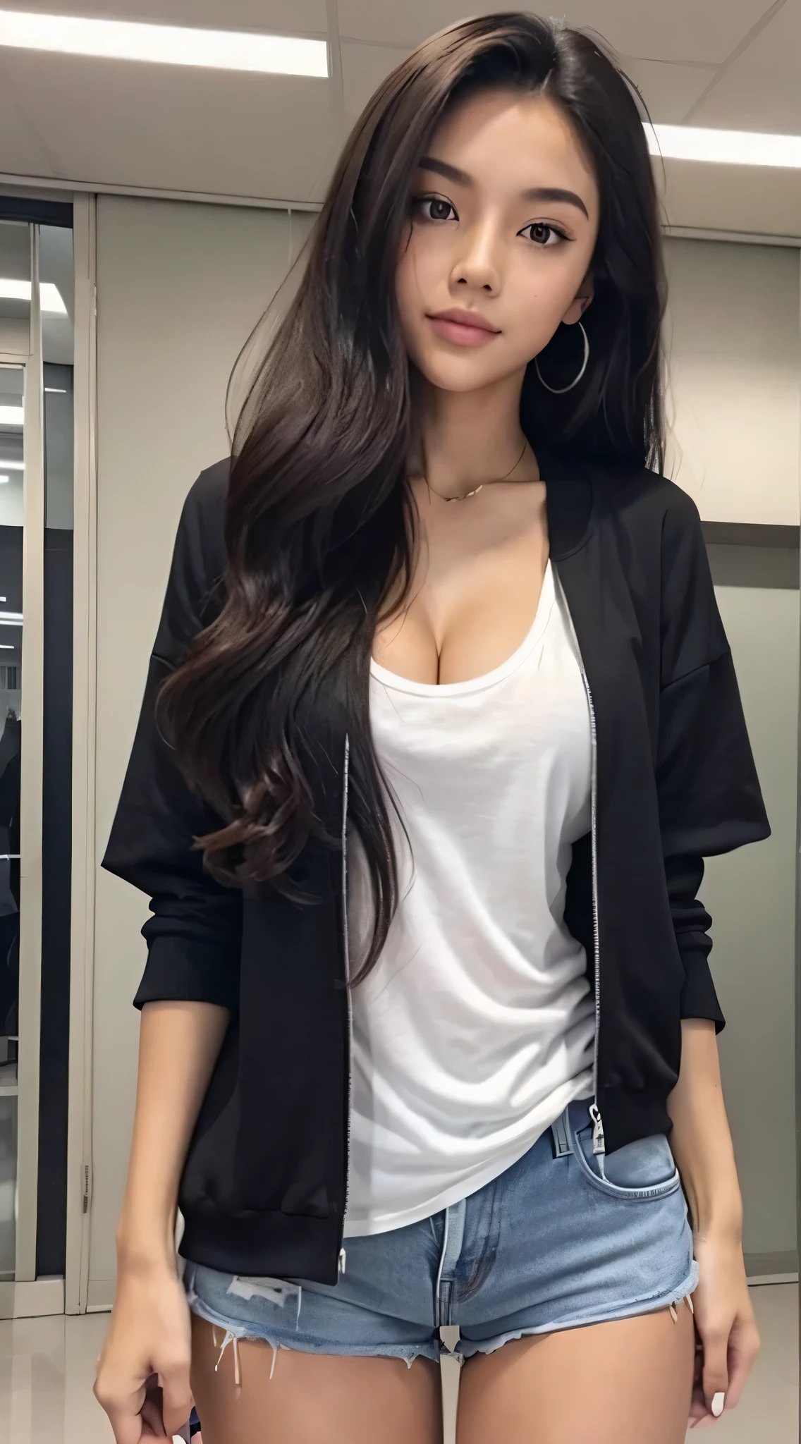 mixed Asian-african beautiful woman stands from side in a crowded univ hall. Arms behind her back. She is 20. She got a perfect face, freckles, beautiful eyes, intense gaze, and seductive smile. Curly and Soaked long hair with poneytails. She is wearing a T-shirt, cleavage and joggings. She is thin, her legs are long, and her big chest stretches the fabric. Tomboy vibe.