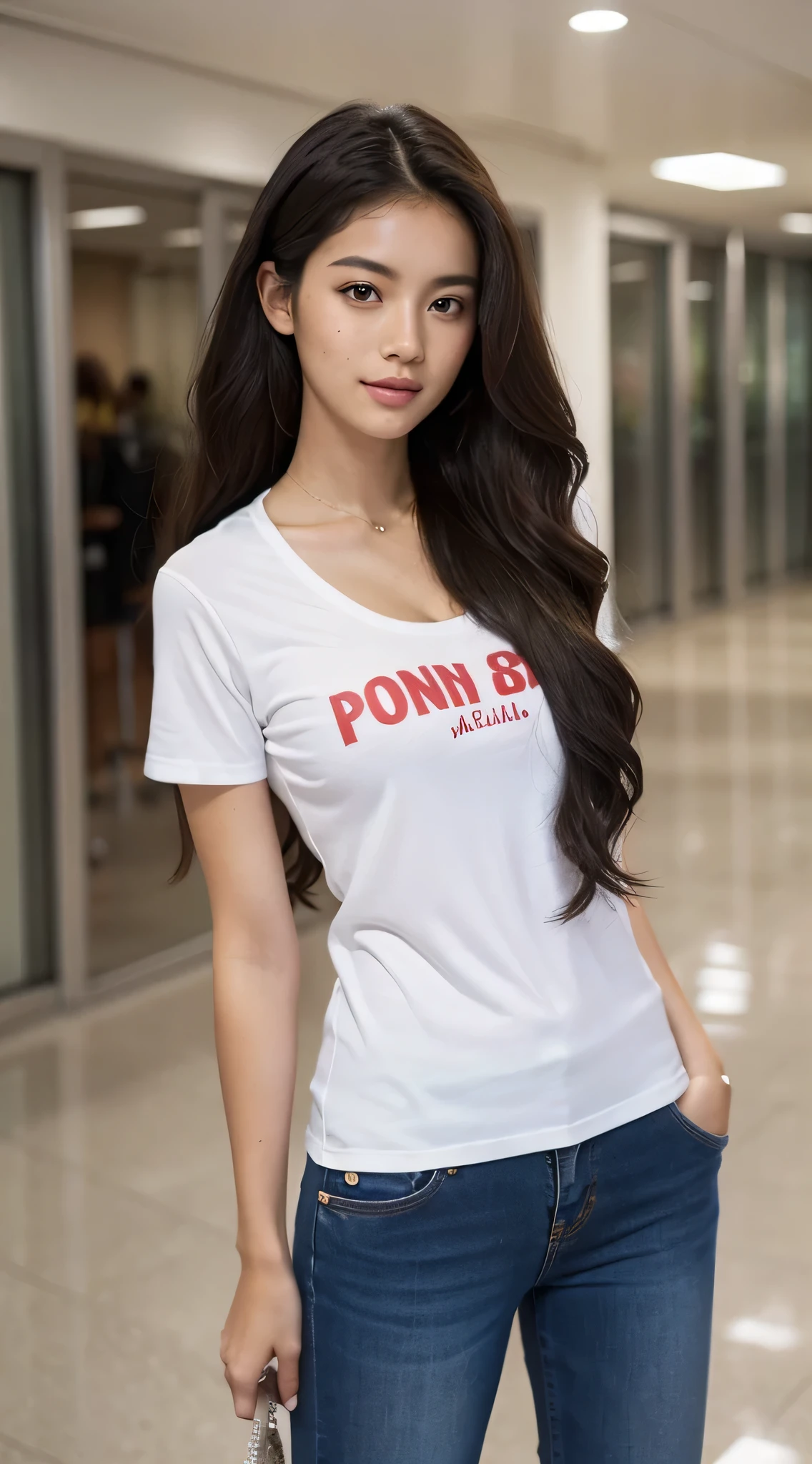 mixed Asian-african beautiful woman stands from side in a crowded univ hall. Arms behind her back. She is 20. She got a perfect face, freckles, beautiful eyes, intense gaze, and seductive smile. Curly and Soaked long hair with poneytails. She is wearing a T-shirt, cleavage and joggings. She is thin, her legs are long, and her big chest stretches the fabric. Tomboy vibe.