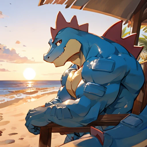 Feraligatr, bara, muscular, huge muscles, perfect body, big biceps, musclegut sitting on the beach, sunset