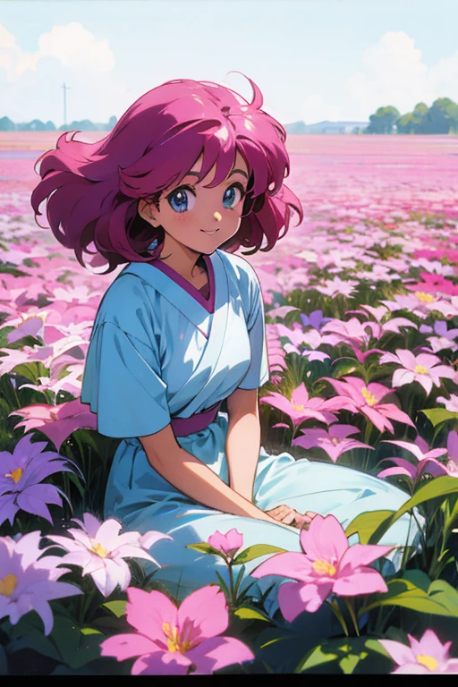 80s anime style anime girl sitting in a flower field and looking at the camera, smile.