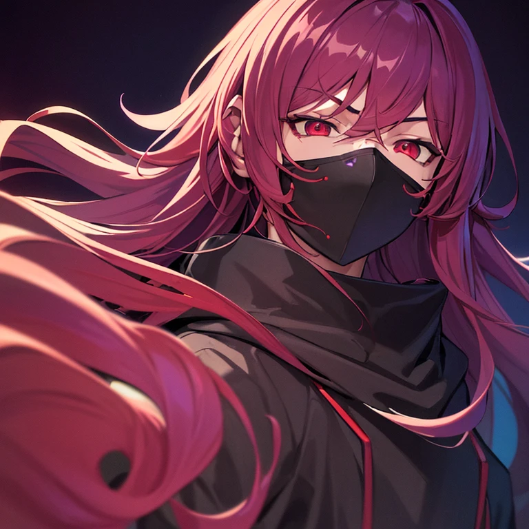 ((best quality)), ((masterpiece)), (detailed), boy, man, male, perfect face,long wavy purple with a red at the bottom of hair color, sharp eyes, dark red eyeballs, wearing a cyber masker, wearing a black mix purple hoodie color, profile picture, dark light background. 