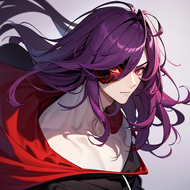 ((best quality)), ((masterpiece)), (detailed), boy, man, male, perfect face,long wavy purple with a red at the bottom of hair color, sharp eyes, dark red eyeballs, wearing a cyber masker, wearing a black mix purple hoodie color, profile picture, dark light background. 