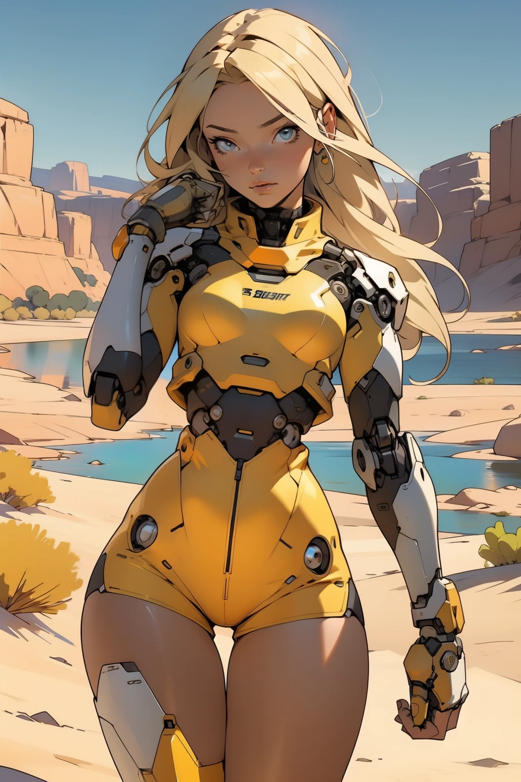 high quality, 4k, masterpiece, beautiful, cyborg girl, cowboy shot, dull eyes, front, looking at viewer, long blonde hair, girl, small breasts, fit thighs, robotic arms, robotic body, cyborg body, white & yellow uniform, orange accent, intricate detail, joint, detailed lines, robotic detail, holding fist up, holding hand up as fist, color robotic parts, robotic parts with color, perfect fingers, on a desert planet, sunny background, colorful desert, a river or a lake in the background, slender thighs, skinny thighs,