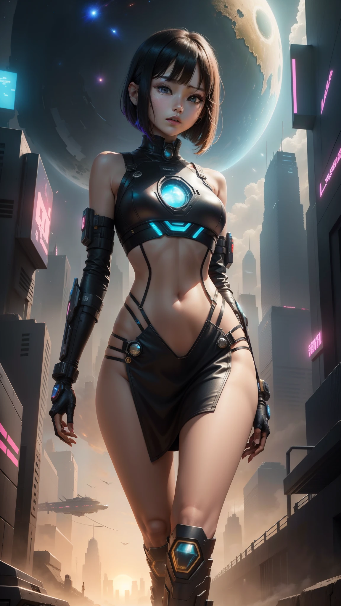 ((Full body shot, feet on the ground, front view)), ((Luana/Woman)) ({with large breasts, black with white parts/kamen Rider/Ultraman/futuristic/transparent cemi costume, with blue jewel on helmet breastplate on head, costume,/extremely tight on body, belt with a red jewel in the center}). In a futuristic city with heavy rain charged clouds in the night sky. Luana has (({short green hair with clips, blue eyes, her hair and her clothes are extremely soaked, exhibitionist landing})), is (staring at the viewer, smiling). {red cheek, front}, Kamen Rider, Tokusatsu, Mortal Kombat, anime, anime style, 16k, UHD, best quality, high quality, award winning, anatomically correct, masterpiece