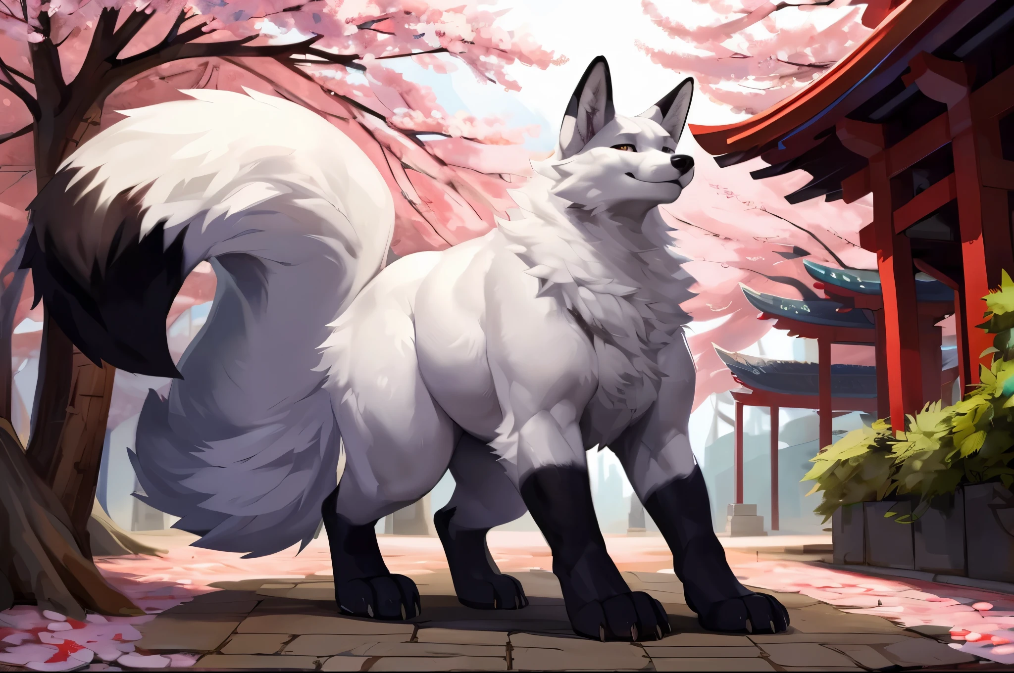 4k ultra quality, 4k full body view,(ultra high detailed body),(feral fox),by mystikfox61, by glitter trap boy,feral paws, by bebebebebe,by morethreedee, by seibear,(thick thigh),(chubby thigh),thicc thigh,thick legs,chubby legs,thicc legs,massive butt,enomorous thigh,massive thigh,massive legs,thick lower legs,wide legs,(detailed thigh),(wide thigh),fluffy belly sharp nails,((sfw)),(ultra detailed face),detailed eyes,big tail,fluffy tail,(detailed tail),enomorous tail,bigger tail,huge tail,volumetric light,muscle legs,big paws,(thick paws),fluffy paws,furry paws,enomorous paws,(animal focus), beast,(bigger lower body),strong lower body,(long legs),front view,master works, super fine, 4k resolution, high quality,high picture detail,dark fantasy,illusory engine, Masterpiece,dire fox,faint lighting,sakura,shrine,white fox,white fur,great fox,