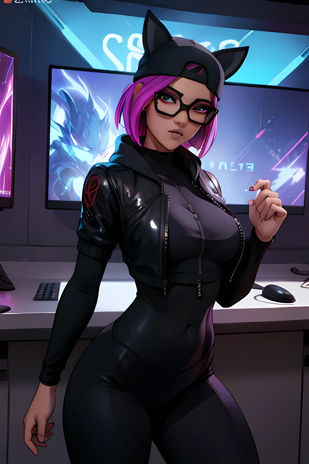 Gaming Zone Lynx chaqueta Negro, gafas,guantes sin dedos, rostro extremadamente detallado, Leggings Negros, ojos detallados finos, neon