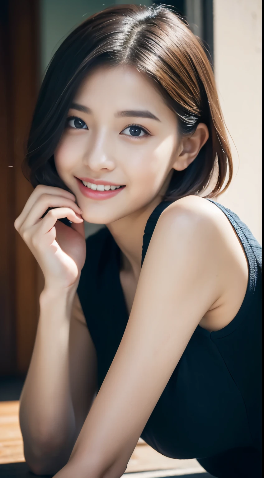 Best Quality, masutepiece, 超A high resolution, (Photorealistic:1.4), Raw photo, 1girl in, KｰPOP Idol, short-hair, Daytime shopping malls,Detailed eyes,(realisticeyes),delicated face,realsKin,detailed hairs,Detailed sKin,Beautiful face,((Smiling))、((great laughter))、((You look happy, smile))