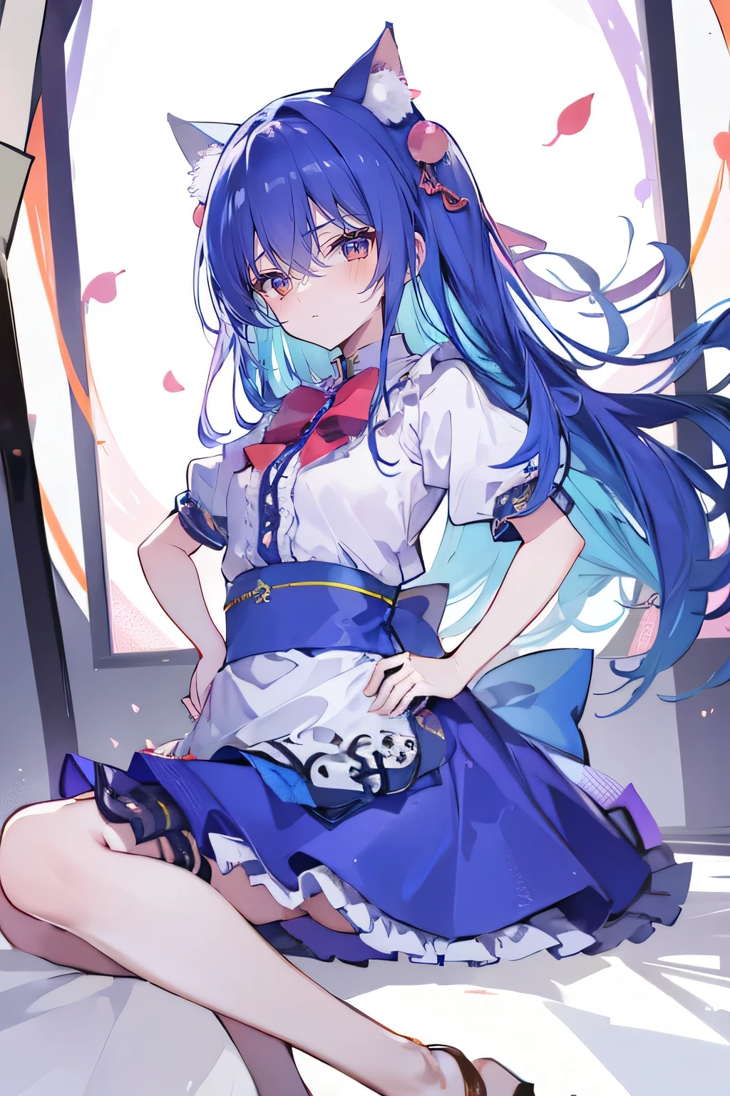 (masterpiece),best quality, expressive eyes, perfect face, 1girl,
Put your hands on your waist,fair, Gorgeous,Japanese cartoons,girl,lola,Hina Angel, blue hair, blue haired, floating clothes,Grab your waist, Grab your waist, hands on hips , hands on hips,sit, sit on ground, Legs on the ground, flat chest,cat ears,Petals fall,Sitting in the summerhouse,summerhouse,