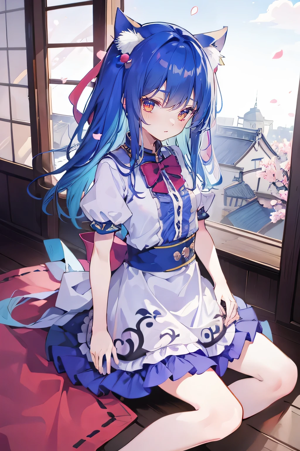 (masterpiece),best quality, expressive eyes, perfect face, 1girl,
Put your hands on your waist,fair, Gorgeous,Japanese cartoons,girl,lola,Hina Angel, blue hair, blue haired, floating clothes,Grab your waist, Grab your waist, hands on hips , hands on hips,sit, sit on ground, Legs on the ground, flat chest,cat ears,Petals fall,Sitting in the summerhouse,summerhouse,