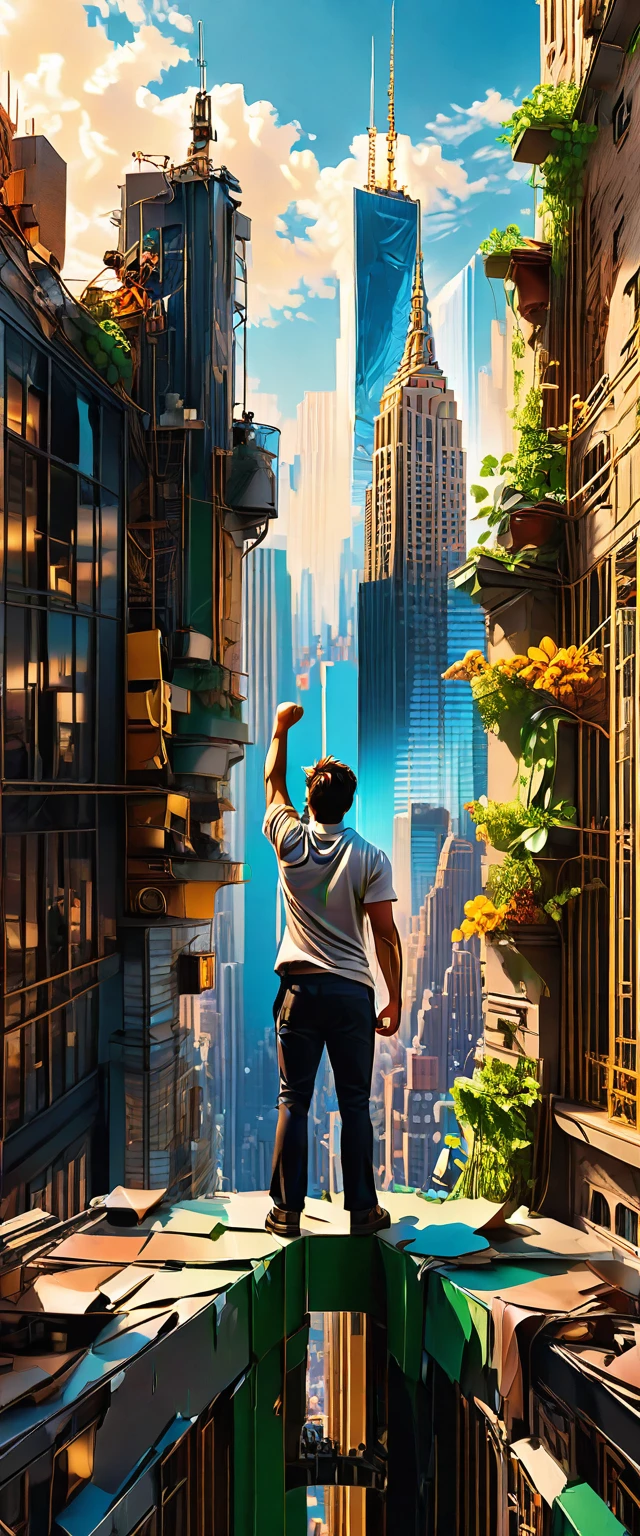 #quality(8k,wallpaper of extremely detailed CG unit, ​masterpiece,hight resolution,top-quality,top-quality real texture skin,hyper realisitic,increase the resolution,RAW photos,best qualtiy,highly detailed,the wallpaper,cinematic,golden ratio), BREAK ,solo,(man is standing at the very edge of the rooftop of the highest skyscraper and vaping cigarettes on mouth,from very above:2.0),#background(new york city,beautiful sight,from very above:2.0),landscape,,(from very above:2.0),helicopter shot