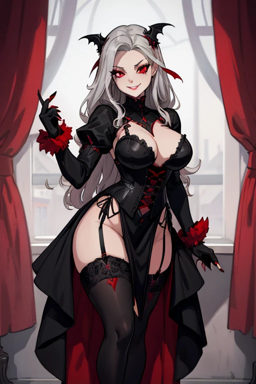 female, silver long hair with black highlights, red eyes, vampire, (((1girl))), (((red gothic dress with black accents))), (black corset), (black fingerless opera gloves), (black stockings), (red heels), cute and sexy, large breasts, large butt, full body, long legs, smiling