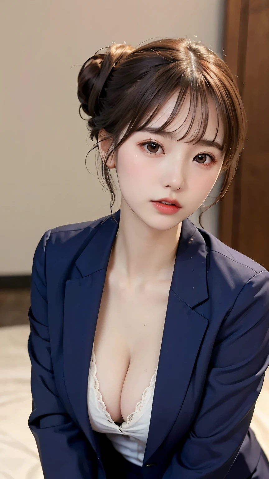 Japanese women、office lady、19 years old, anatomically correct, perfect anatomy, very cute, beautiful, (business suit, business shirt:1.2), ((embarrassed:1.3)), blush、(office:1.1), (best quality:1.3)、perfect lighting, high resolution, (8K, High resolution:1.2), (photograph, photorealistic:1.2)、Face is in focus、(Focused, symmetrical pupils:1.2)、Beautiful Skin、Natural Makeup、gross lip, High-definition hair texture, (looking at viewer:1.2), (half updo:1.3), (multiple angles:1.2), (small breast, cleavage:1.1), (put hand on one’s breast), Thin legs