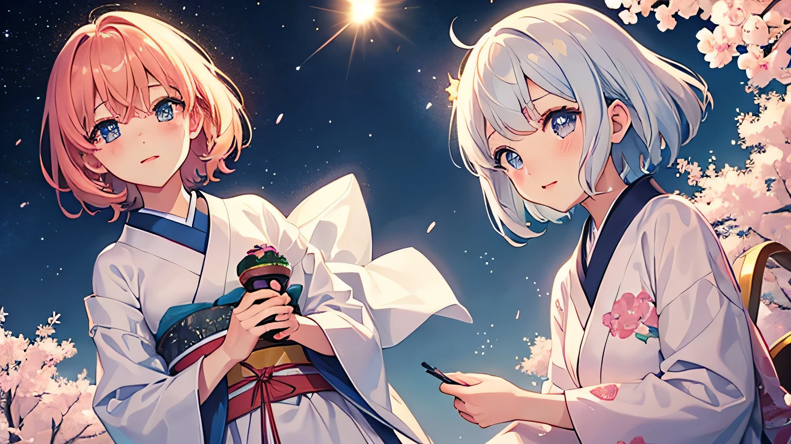 Beautiful girls　Warm lighting　Starry Sky　Japanese anime style　Short Hair　Blushing　Perfect Eyes　　