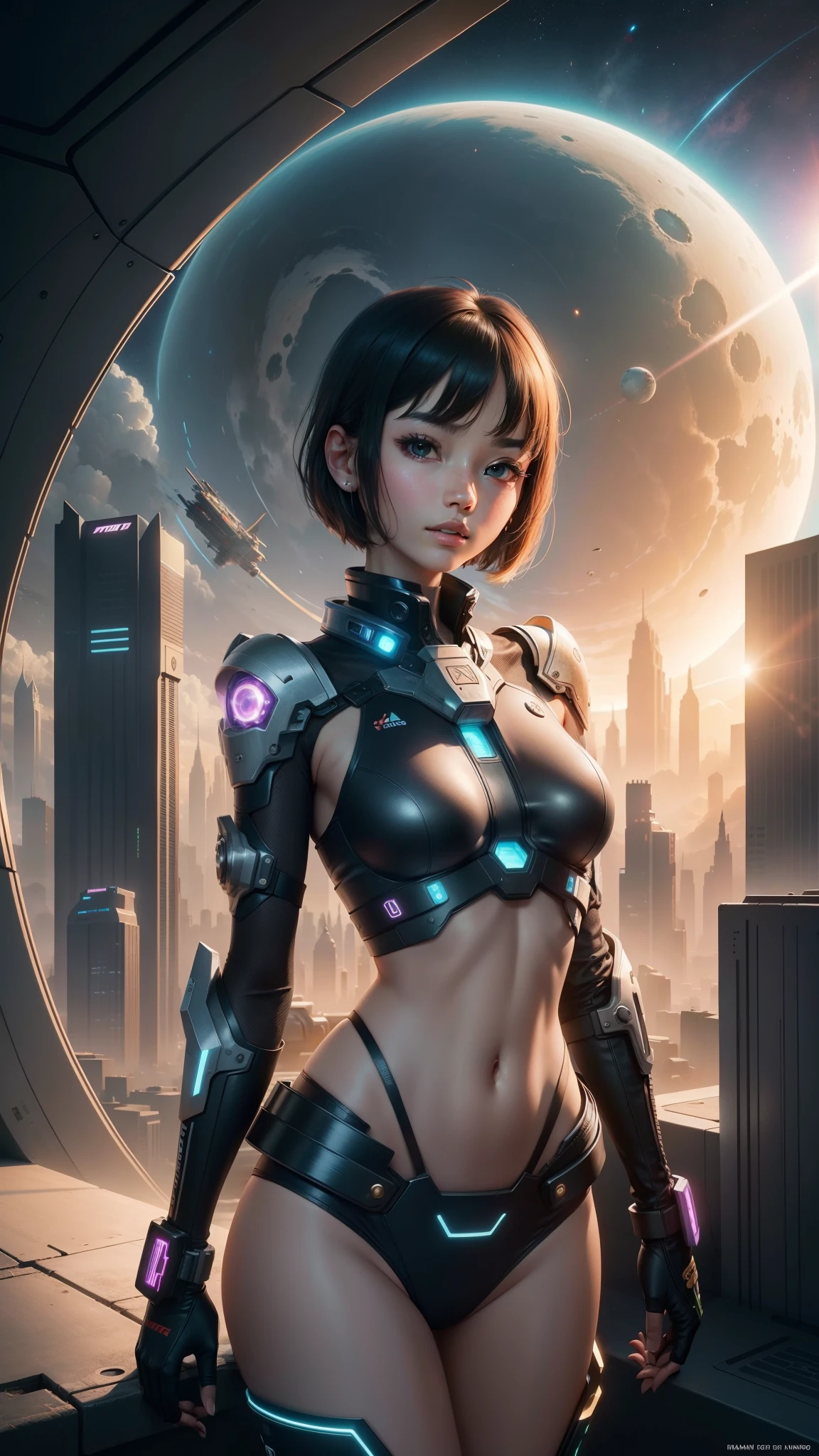 Space City Futuristic City Cyberpunk Sci-Fi World Fantasy Top Quality,and beautiful slender young girls,all very ,sun rise,Shoulder exposed,Navel exposed,14 year old beautiful girl,Korean Beautiful Girl,kpop　Idol Star Beautiful Girl,Short bob hair or long hair,Beautiful looks,A cute young face,