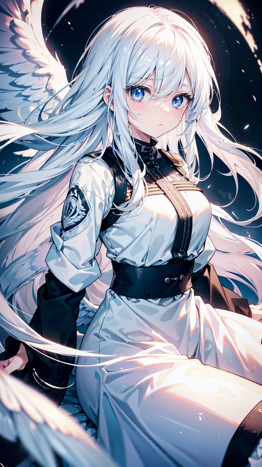 A pretty woman with long white hair and blue eyes、26 years old、Angel wings on the back、I'm panicking、Burnt beans on a plate