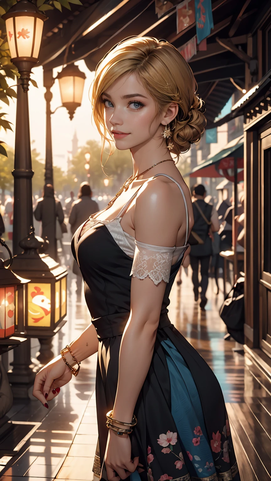 ((最high quality, 8K, masterpiece: 1.3, Ultra HD, high quality, 最high quality, High resolution, realism)) 、A 22-year-old extremely beautiful white woman、Hair color blonde、blue eyeedium Hair、Straight Hair、smile、Slender but well-proportioned body、Background blur((depth of field))、aerial perspective((atmospheric perspective))、I want my head to stay off screen、Wearing accessories on the wrist、Put an anklet on your ankle、Wearing red nail polish、I have a peticure、Disney((Disney))Tangled、Blonde long hair、Wear an off-the-shoulder dress、smile、A lake in the forest、A boat floating in the middle of a lake、Looking up at the many lanterns flying in the night sky