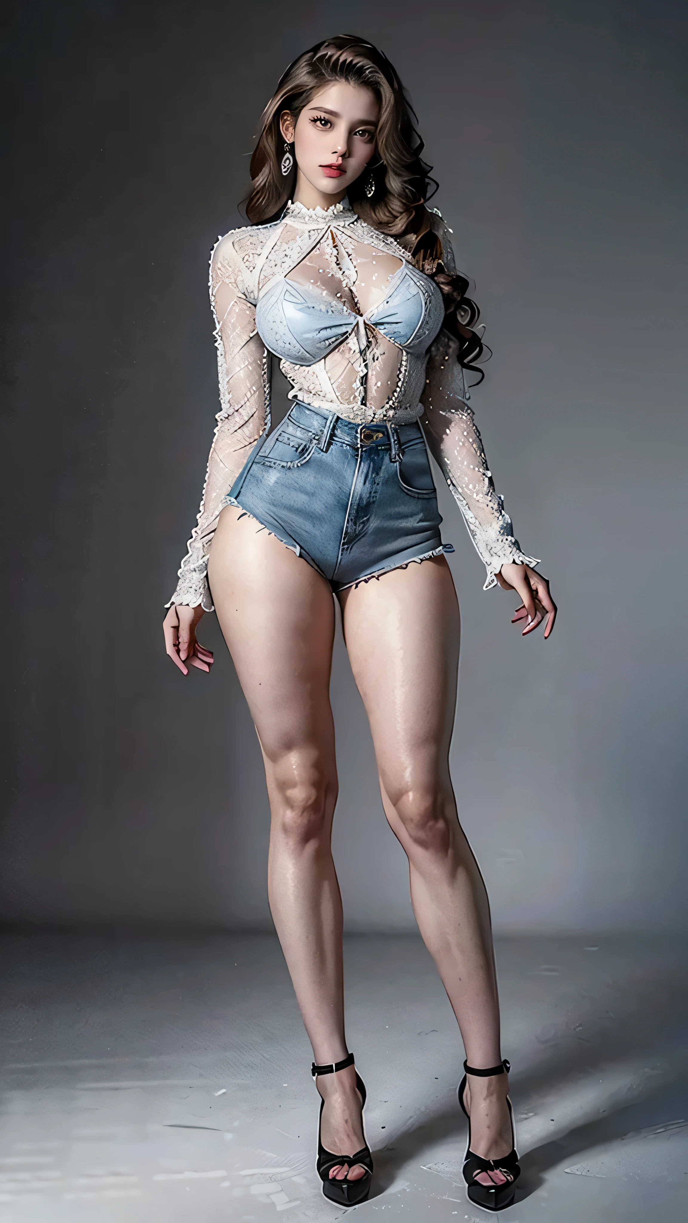 (masterpiece, best quality, Realistically, Work, Extremely detailed, 8K), ((Wide-angle lens, Full body female)), 1 girl,Light makeup,Exquisite facial features,Smile,Exquisite hairstyle, Long hair,Large Breasts,Denim shorts,Correct finger structure,Work服,Lace shirt,Hip-hop style,Light brown hair, Hair behind the ears, Pompadour hairstyle, curls, Medium Long hair, Heart Earrings, Front standing posture ,Full body portrait,Gray background