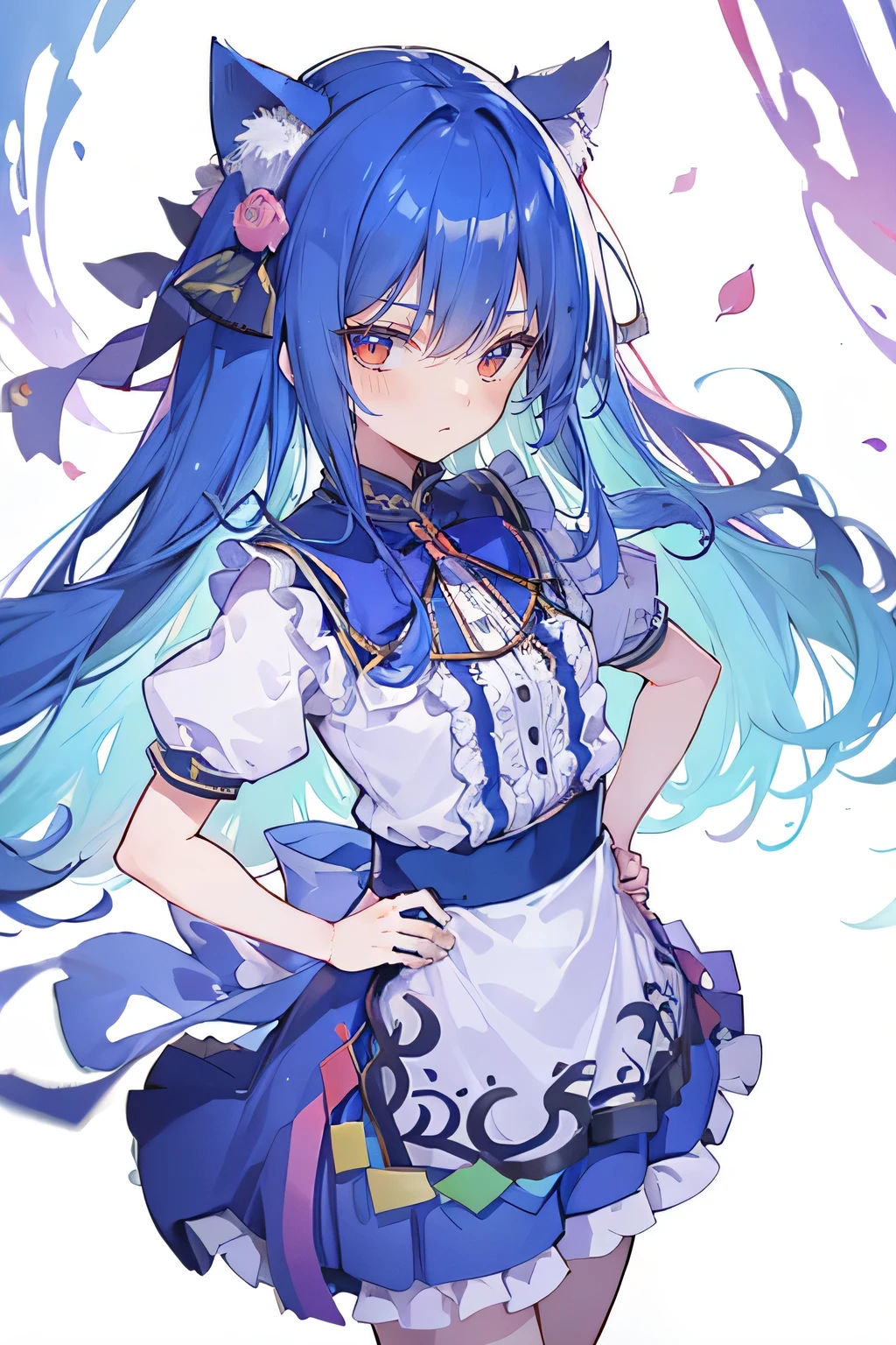 (masterpiece),best quality, expressive eyes, perfect face, 1girl,
Put your hands on your waist,fair, Gorgeous,Japanese cartoons,girl,lola,Hina Angel, blue hair, blue haired, floating clothes,Grab your waist, Grab your waist, hands on hips , hands on hips,sit, sit on ground, Legs on the ground, flat chest,cat ears,Petals fall,Sitting in the summerhouse,summerhouse,