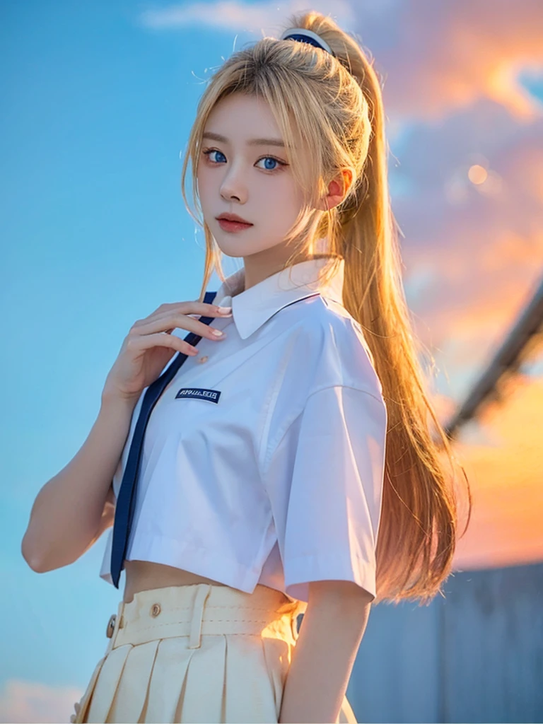 SFW picture, a Japanese high school student, , long blonde hair in a ponytail, blue eyes, , white collared shirt, white button-up shirt, short-sleeved shirt, long pink skirt, smiling sweetly, Standing pose, at sunset view, 4k, ultra hd, ultra detail, full body photos
