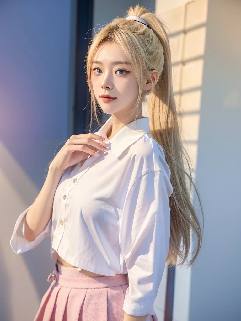 best quality, tmasterpiece,Ultra-high resolution,Clear face,(Reality:1.4),ferpect lighting,(upper body photo), (photorealistic:1.50), anime wallpaper, Guviz style artwork, cover-up fantasy up to magic , by Yang J, Guviz, beautiful artwork illustration, beautiful digital artwork, beautiful digital illustration, Li Song, beautiful anime portrait, art style in Beauvot, 1girl, 独奏, long hair, (pink hair:1.3), (hair ornament), (jewelry), (Earring), (White shirt), (Long-sleeved shirt), (Collared shirt), (Pencil skirt), (Black skirt:1.5), (Short skirt), medium breasts, shagging breasts, standing, (background inside the house), room, (looking at viwer),