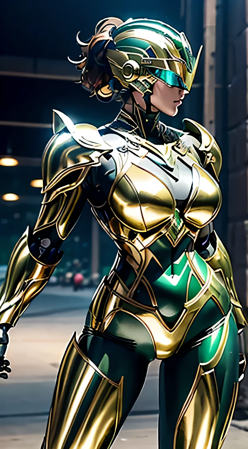 Female Robocop Solo、Bright outdoors、strong light source、8K, high quality, masterpiece, 最high quality、very detailed、Armor that completely covers the whole body、very large armor、Helmet covering the head、clear pictures、The eyes are hidden by thin, straight goggles:1.3、The lower half of the face is raw:1.5、The lower half of the face is exposed:1.5、Luscious lips、Light green metallic armor with thin gold lines、Armor that completely covers the chest、Long, slender legs、Vibrant posel body view,Big and ample breasts:1.5, (Sports Body:1.5)、Five Fingers、Photos in the city