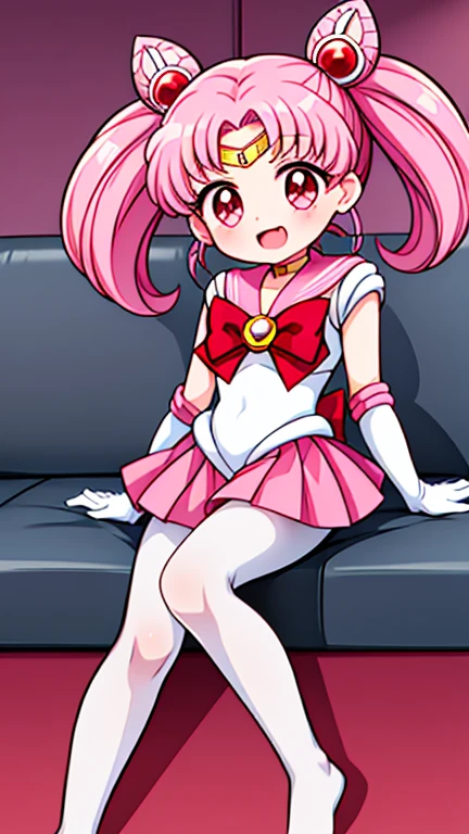 Sailor Moon,young年,Seven years old,cute,(Little Loli),Pink hair twintails,short hair,Sailor Suit,Red bow,White elbow gloves,Red Skirt,No shoes,Open your mouth,laughing out loud,Fangs,(White pantyhose),soles of feet,Soles,(young),(little man),sit