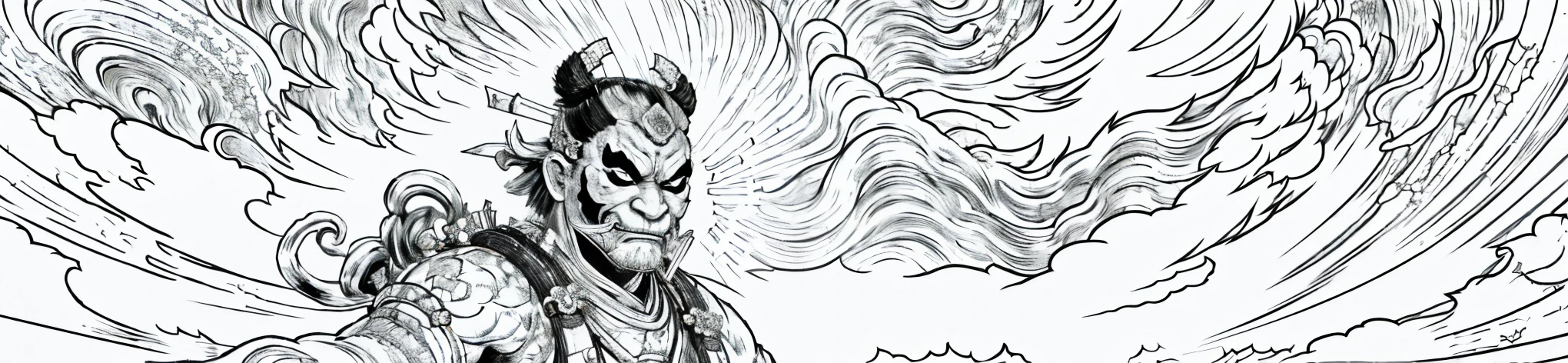 a black and white drawing of a shinto gods with a oni mask on his head, with holding a samurai, asura from chinese myth, japanese god, hyper detailed line art, detailed bushido form smoke, high detailed official artwork, line art illustration, demon samurai warrior, clean detailed art, black ink line art, japanese art on behance, samurai with demon mask, black and white vector art