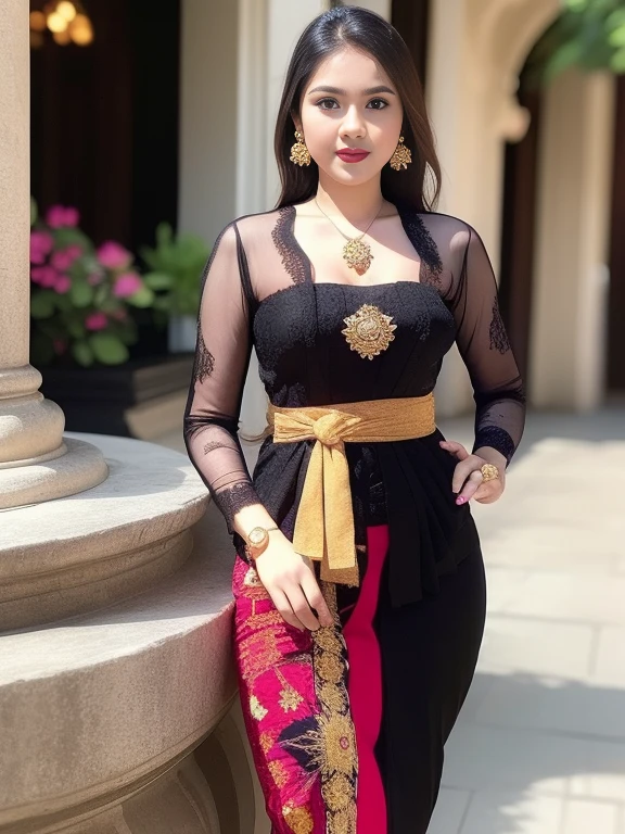 photography, woman hijab, portrait of woman wearing kebaya_bali in black long kebaya dress traditional, red lipstick, golden necklace, earrings, ornate, detail, flowers, blurry background, soft focus