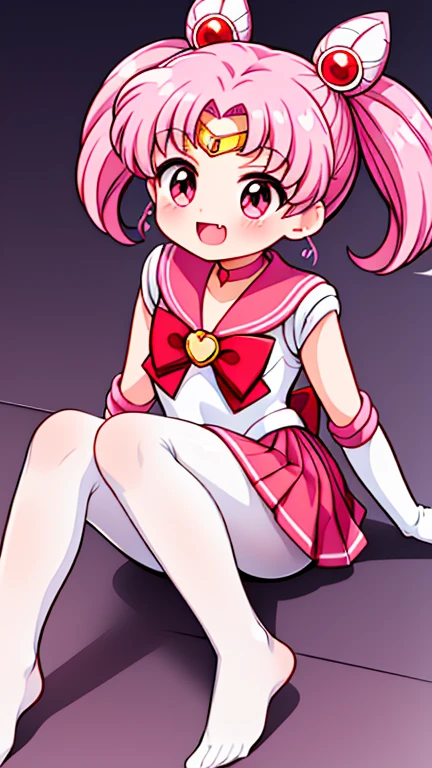 Sailor Moon，young年，Seven years old，cute，（Little Loli），Pink hair twintails，short hair，Sailor Suit，Red bow，White elbow gloves，Red Skirt，No shoes，Open your mouth，laughing out loud，Fangs，(White pantyhose),soles of feet，Soles，(young)，(little man)，sit