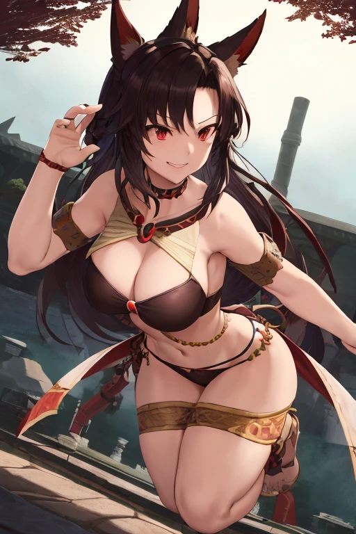 masterpiece, best quality, beautiful art, high resolution, well formed hands, body and fingers, 1 woman, solo, Kagerou Imaizumi, wolf ears and wolf tail, adult, big breasted, cleavage, full body, long hair, hair ornament, gorgeous legs and thighs, smile, wearing a sexy dancer outfit, sexy and skimpy bikini, she is fighting in a combat match at a martial arts tournament, she is getting ready to fight, making her guard pose, action and fighting scene, about to hit the viewer, looking at the viewer, sweating , feeling confident and proud, smiling joyfully and happily, bouncing breasts, charming her opponent with her beauty, fighting scene, martial arts tournament on the beach