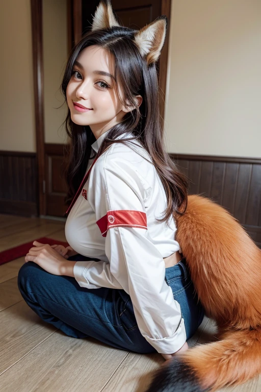 ((highest quality, 32k)), ((masterpiece)), (Familiar), Perfect Face, Fox woman, Beautiful woman, public, Has a tail, She has a fluffy tail, She has a red fox's tail., She wags her tail, smile, bell collar, She is wearing a nurse uniform, Beautiful Hips, Big Breasts, Big tail, A tail sticks out from inside the pants, Turn around on all fours