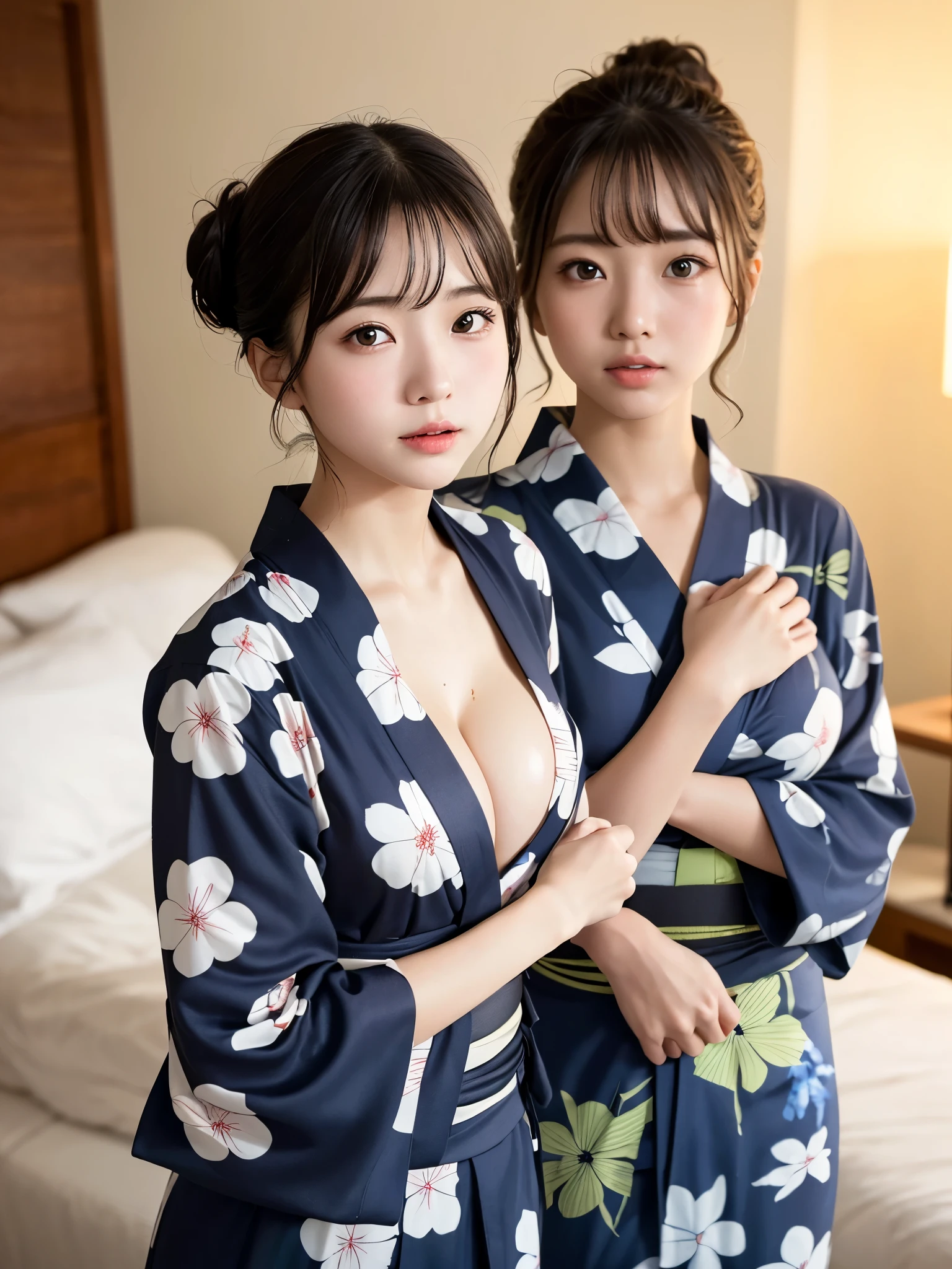 japanese woman, high school student girl, 17-years-old, (cum on face and breast:1.3), anatomically correct, perfect anatomy, very cute, beautiful, (yukata, Open yukata:1.2), ((embarrassed:1.3)), blush、(bedroom:1.1), (highest quality:1.3)、Best Lighting、high resolution、(8K, High resolution:1.2), (photograph, photorealistic:1.2)、Face is in focus、(Focused, symmetrical pupils:1.2)、Beautiful Skin、Natural Makeup、gross lip, High-definition hair texture, (looking at viewer:1.2), (half updo:1.3), (multiple angles:1.2), (small breast, cleavage:1.1), (put hand on one’s breast)