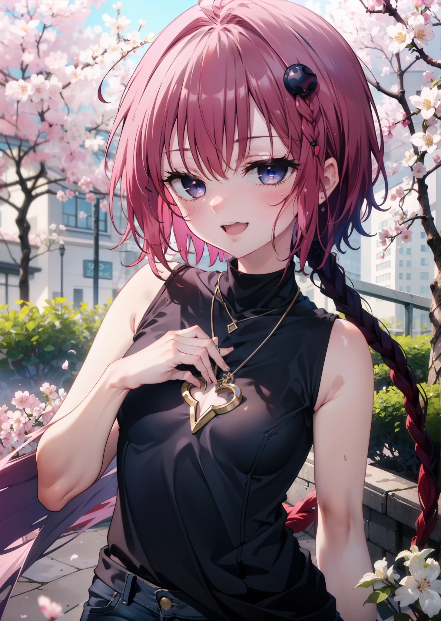 (masterpiece, highest quality:1.2),shape,8k,hd,kurosaki mea,Cowboy Shot,So that the whole body goes into the illustration,1 girl,happy smile, smile, Open your mouth,red hair long hair,Long braids all over the body,Upper Body,(Portraiture:1.2),hair ornaments,smile,Purple eyes,Medium chest,Black sleeveless dress,Bare arms,,Star-shaped necklace,Short denim pants,White pantyhose,short boots,garden,Cherry blossoms are blooming,Cherry blossoms are scattered,Cherry blossom tree-lined path,Clear skies,Daytime, (Cowboy Shot:1. 5),(masterpiece:1.2), highest quality, High resolution, unity 8k wallpaper, (shape:0.8), (Beautiful and detailed:1.6), Highly detailed face, Perfect lighting, Highly detailed CG, (Perfect hands, Perfect Anatomy),