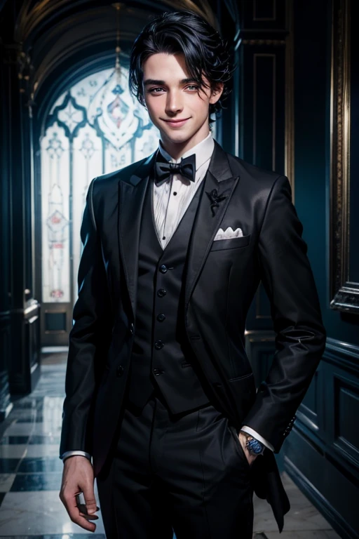 a gentle young irish butler with black hair, blue eyes, smiling while reaching his hand, wearing a black suit with black gloves