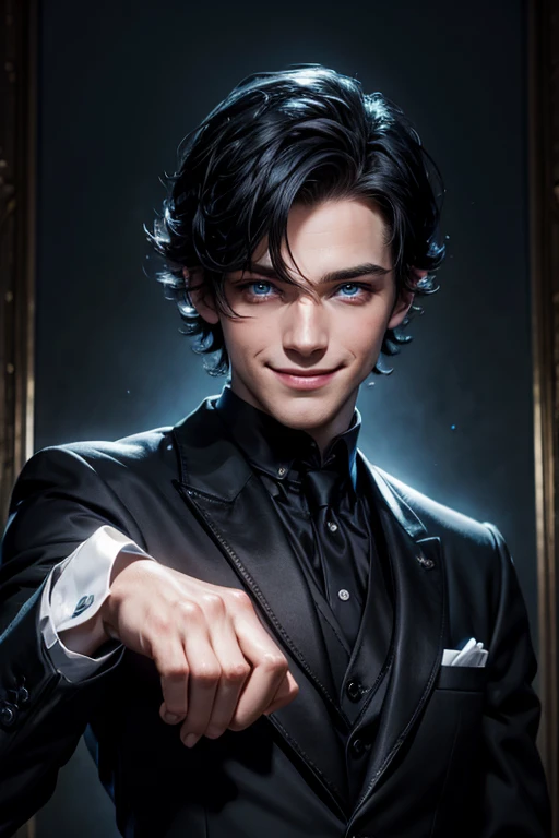 a gentle young irish butler with black hair, blue eyes, smiling while reaching his hand, wearing a black suit with black gloves