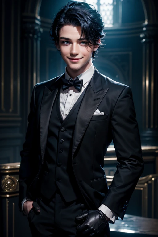 a gentle young irish butler with black hair, blue eyes, smiling while reaching his hand, wearing a black suit with black gloves